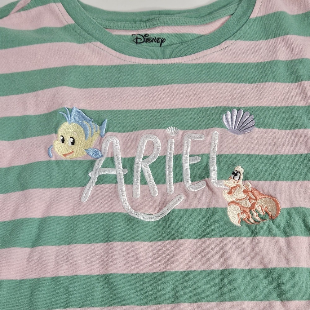 Disney Women's Ariel & Flounder Striped Green/Pink Graphic Embroidered Tee L
